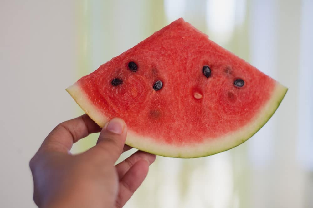 hand holding up watermelon slice with seeds against white background