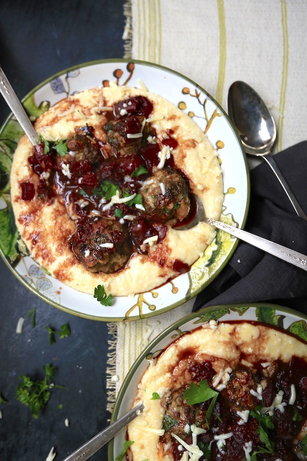 Meatballs with Wine Sauce over Polenta is one fantastic comfort food! They are amazing and simple to make!! gameandgarden.com