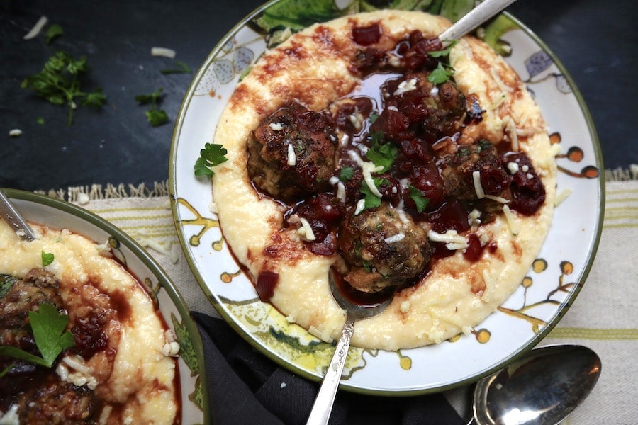 My favorite all-purpose meatball made of venison and pork is perfect with wine sauce over polenta!! Love! gameandgarden.com