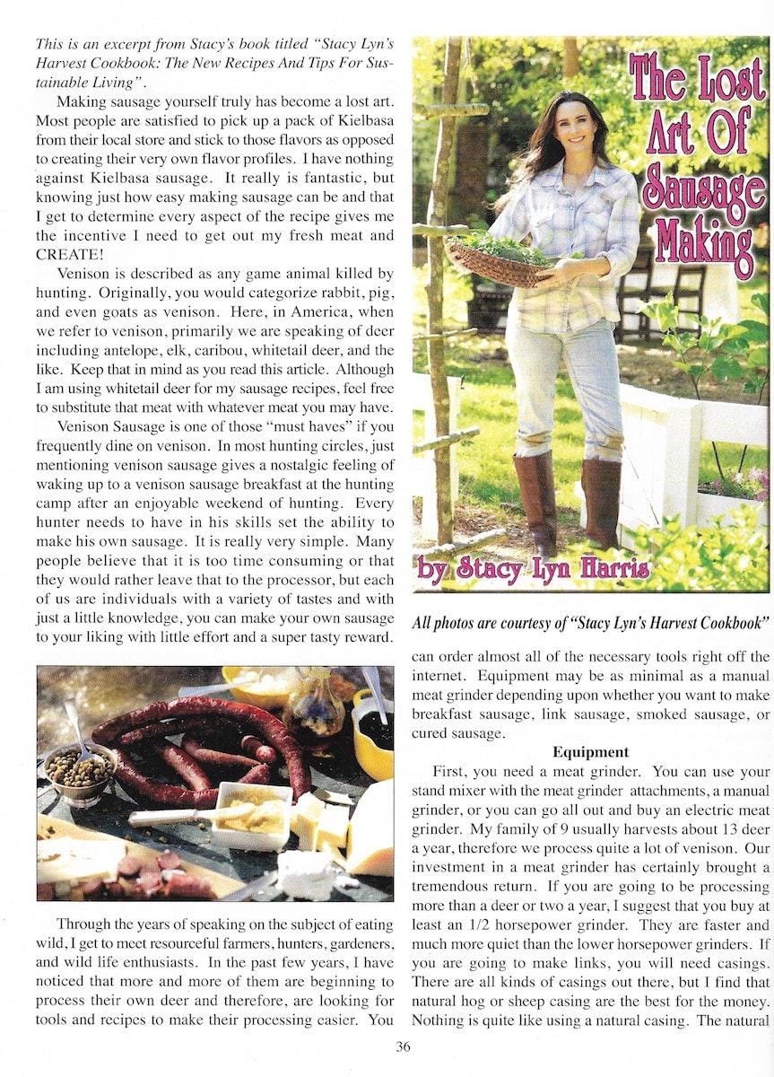 Stacy Lyn Harris featured in Backwoodsman Magazine. She gives tips for making homemade sausage courtesy of her latest book, Stacy Lyn's Harvest Cookbook.