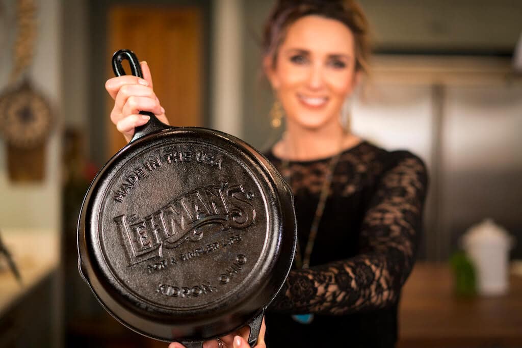 Stacy Lyn with cast iron skillet for breakfast skillet recipe