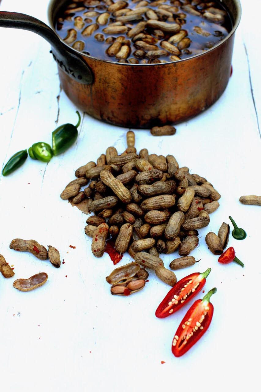 Southern-style boiled peanuts spiced with jalapeños