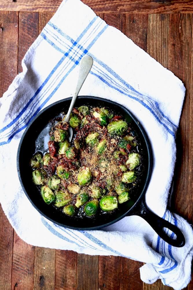 oven roasted brussels sprouts with beer-glazed bacon topping, recipe by stacy lyn harris