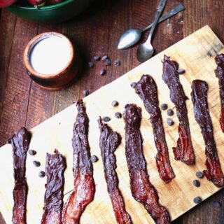 Sweet and Salty Chocolate-Dipped Candied Bacon appetizer, recipe by stacy lyn harris