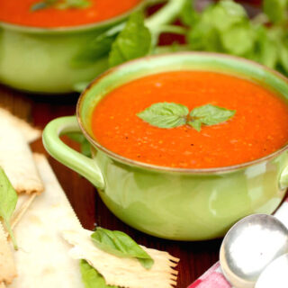 Fresh homemade tomato soup with vine-ripened tomatoes and fresh herbs straight from the garden, recipe by Stacy Lyn Harris in her Harvest cookbook