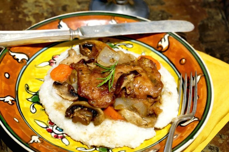 Chicken and Mushrooms over Cheesy Grits