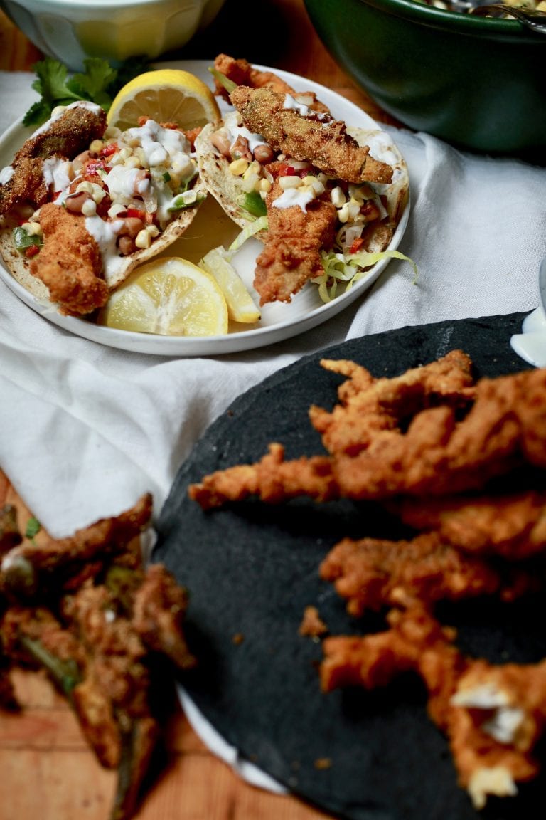 Creole Fried Catfish Tacos with Black-Eyed Pea Chutney and Fried Pickled Okra