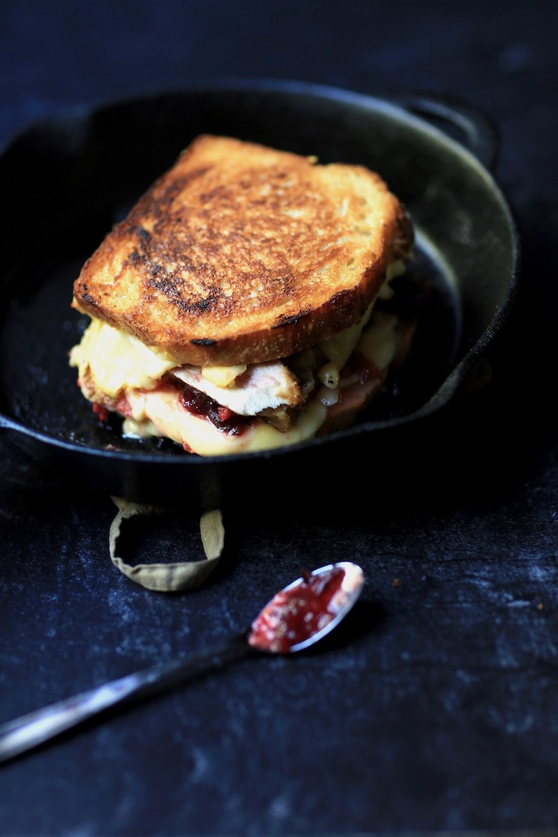 Whole Turkey, Dressing, Cranberry, Cheese Sandwich in Cast Iron Skillet on Dark Background with spoon 