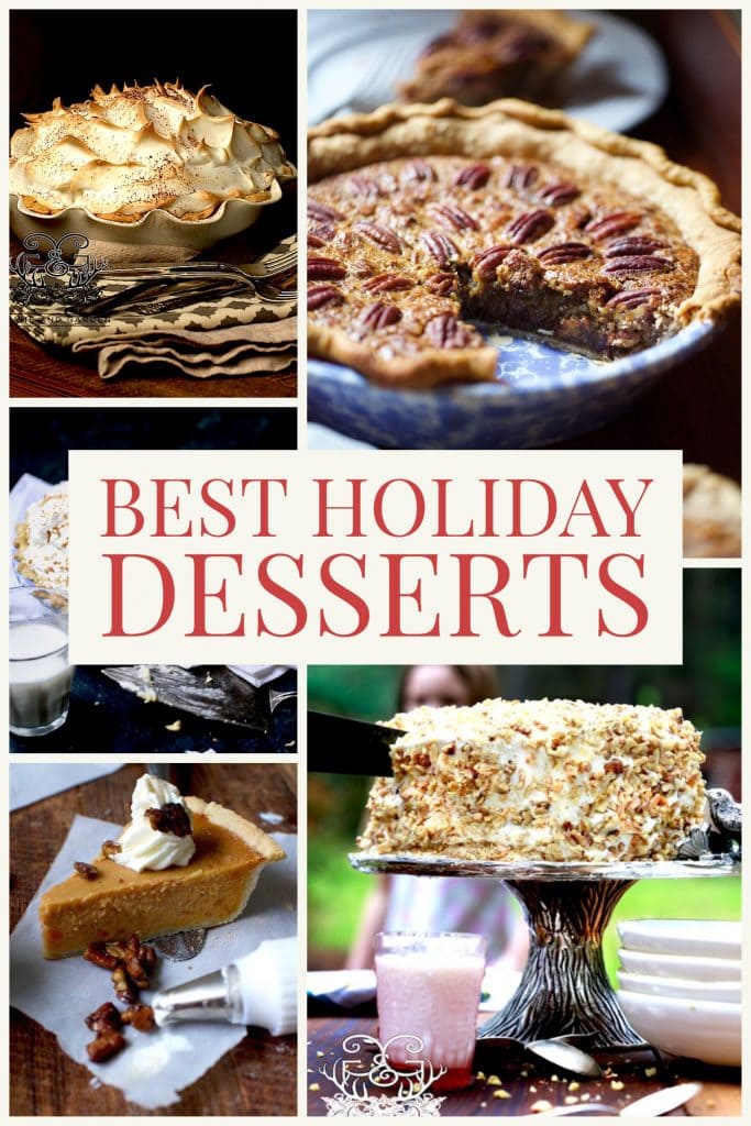 Desserts for the Holidays with image of chocolate meringue pie, pecan pie, sweet potato pie, and carrot cake