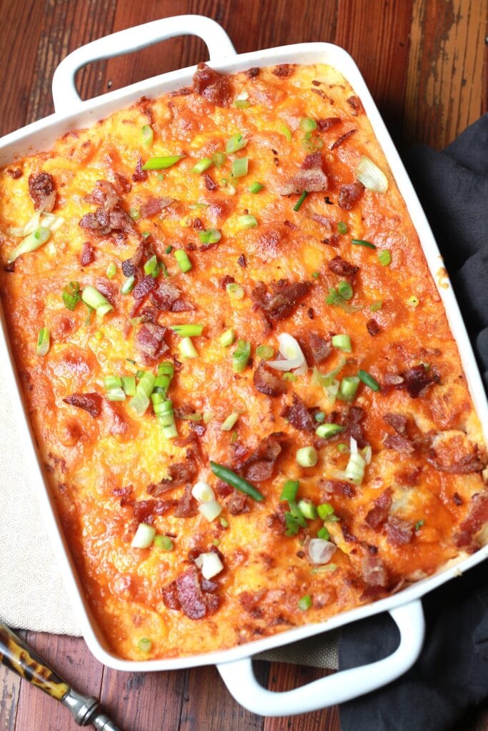 Pan of cooked twice baked potato casserole