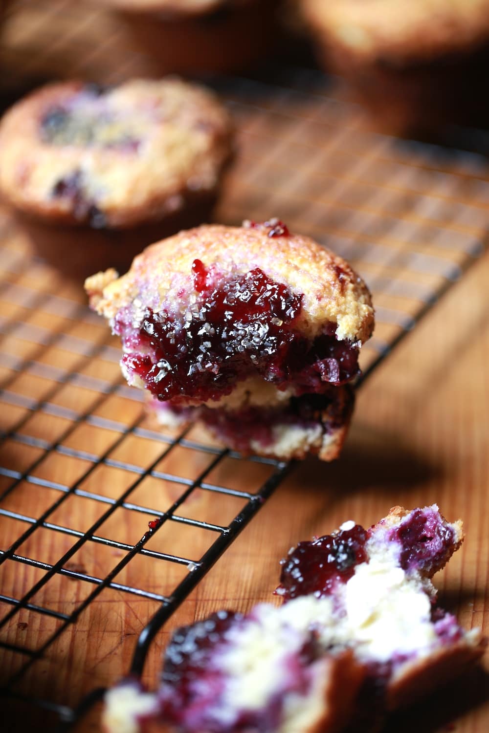 closeup of mixed berry muffin with moist center