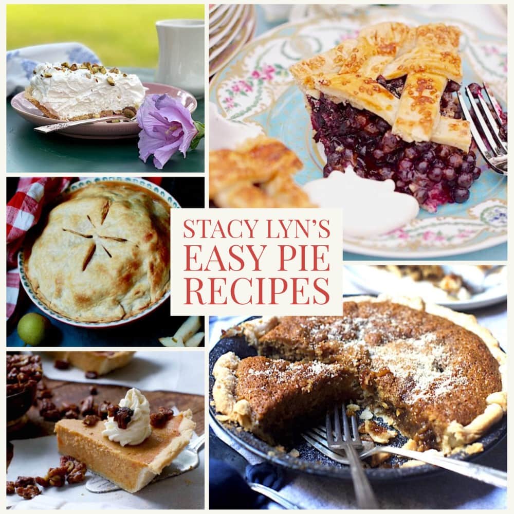 Stacy Lyn's easy pie recipes - blueberry, southern spice, sweet potato, pear, and pineapple pie shown