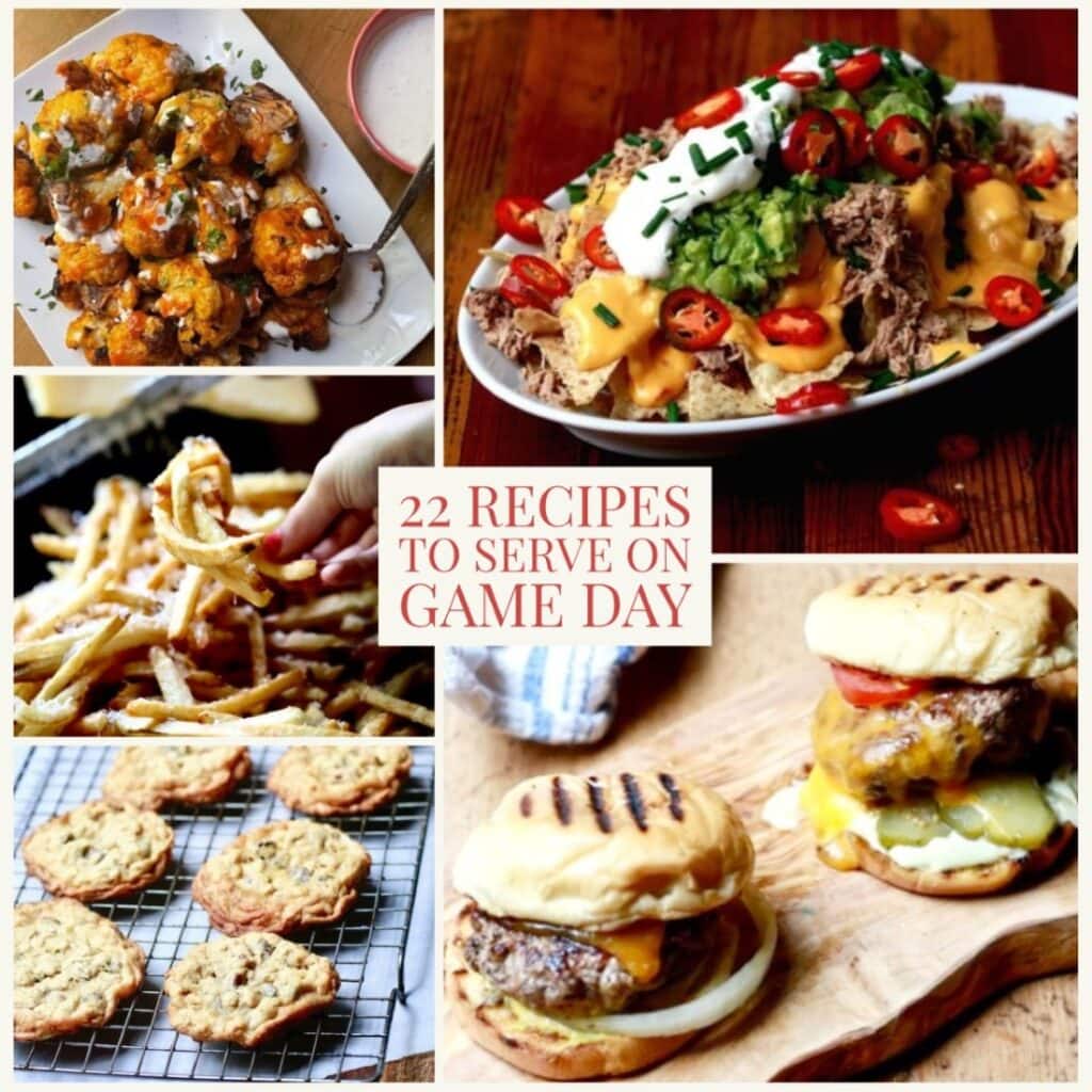 Montage of game day recipes: buffalo cauliflower, pheasant nachos, homemade fries, black pepper burgers, cowboy cookies